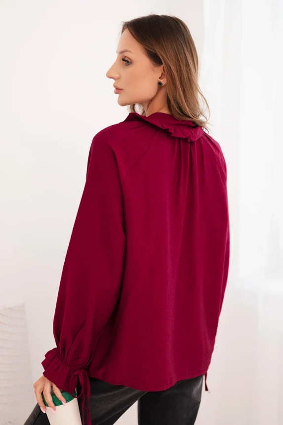 Women's viscose blouse with a V-neck and ties at the sleeves plum