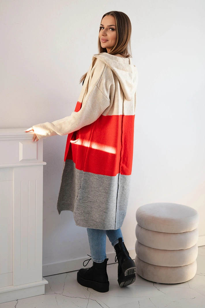Gestreifter Cardigan-Pullover mit Kapuze beige+rot+grau