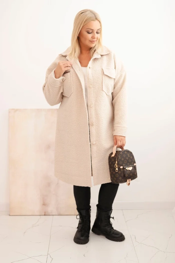 Plus Size women's coat with wool, buttoned, with pockets and collar beige
