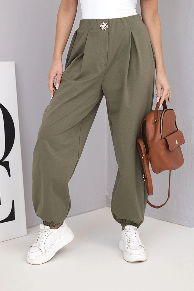 Women's cotton high-waisted pants with decorative button khaki