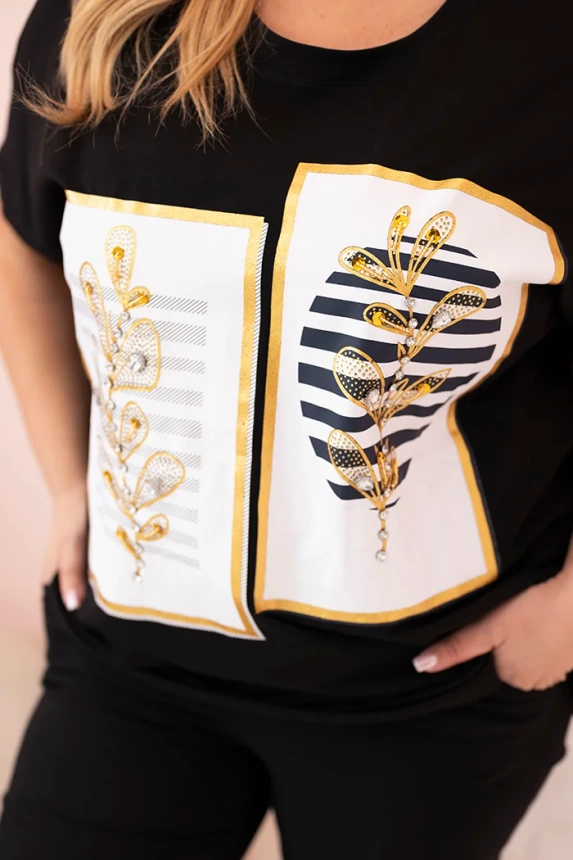 Moteriška medvilninė Plus Size palaidinė su žvyneliais juoda + tamsiai mėlyna