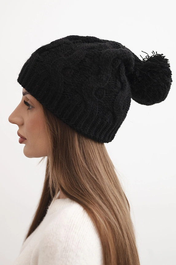 Women's winter wool hat with thick cable knit pattern K458 black