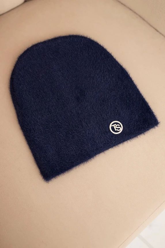 Classic women's alpaca hat with decorative plate navy