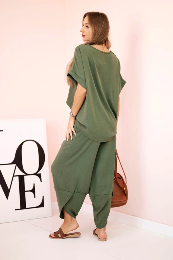 Viscose blouse + pants set khaki