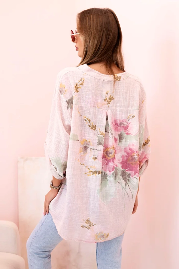 Damenbluse aus Baumwolle mit Blumenmuster und Knöpfen puderrosa