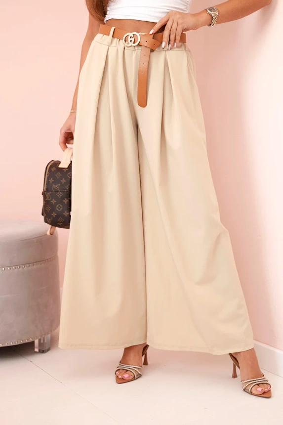 Pants with a belt and wide legs - light beige