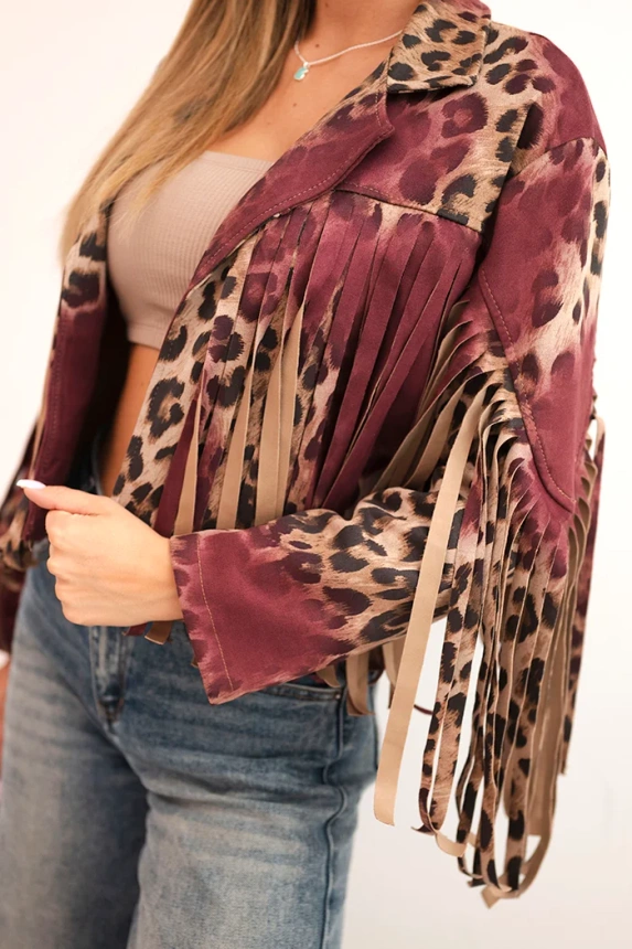 Dámská semišová bunda s třásněmi v leopardím vzoru bordová