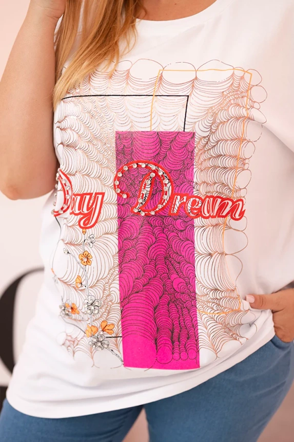 Moteriška Plus Size medvilninė palaidinė su užrašu „Day Dream“ balta + rožinė