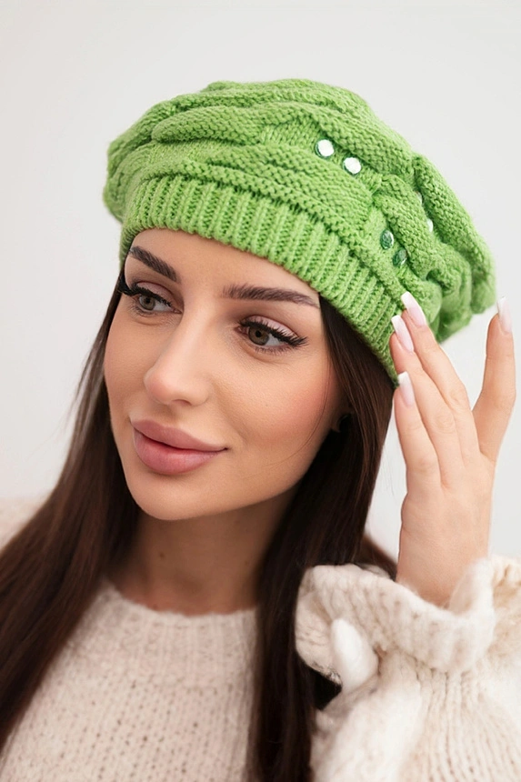 Women's winter hat with decorative braid and crystals K398 pistachio