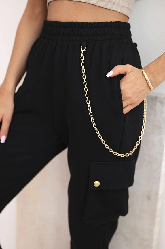 Women's cotton cargo pants with pockets and chain black