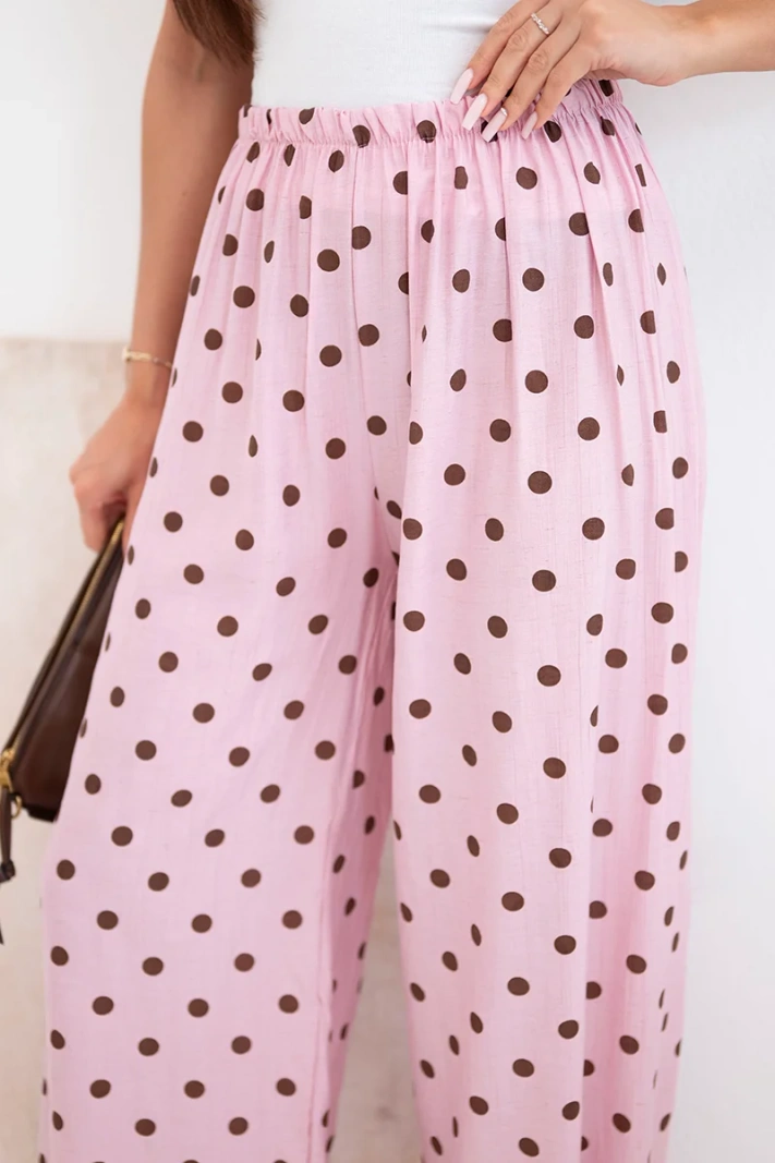 Women's wide-leg polka dot summer trousers with elastic waistband powder pink