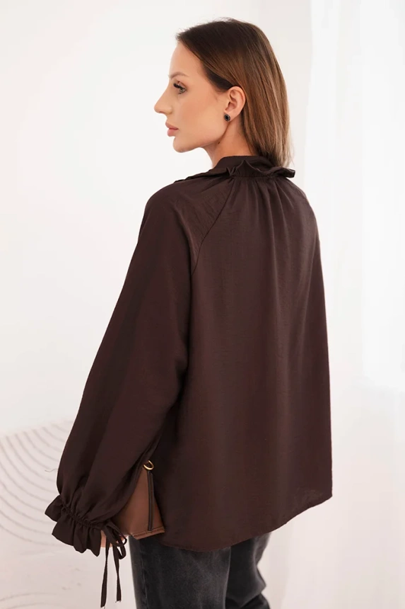 Women's viscose blouse with a V-neck and ties at the sleeves brown
