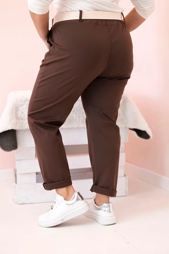 Spodnie damskie bawełniane Plus Size z paskiem brązowe