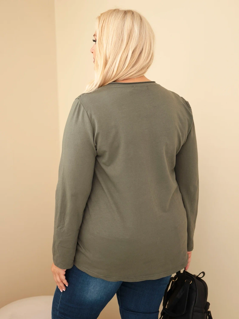 Damen Baumwollpullover Plus Size mit Ajour-Einsatz und Tasche khaki