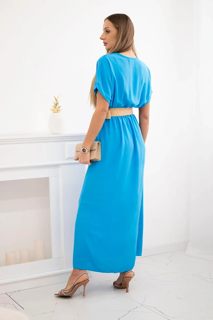 Langes Kleid mit Ziergürtel türkis
