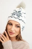 Women's winter wool hat with snowflake motif and pompom K450 ecru