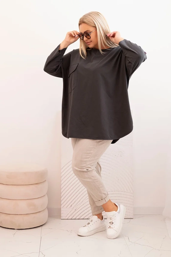 Damenbluse Plus Size aus Baumwolle mit Tasche und hochgekrempeltem Ärmel grafitowa