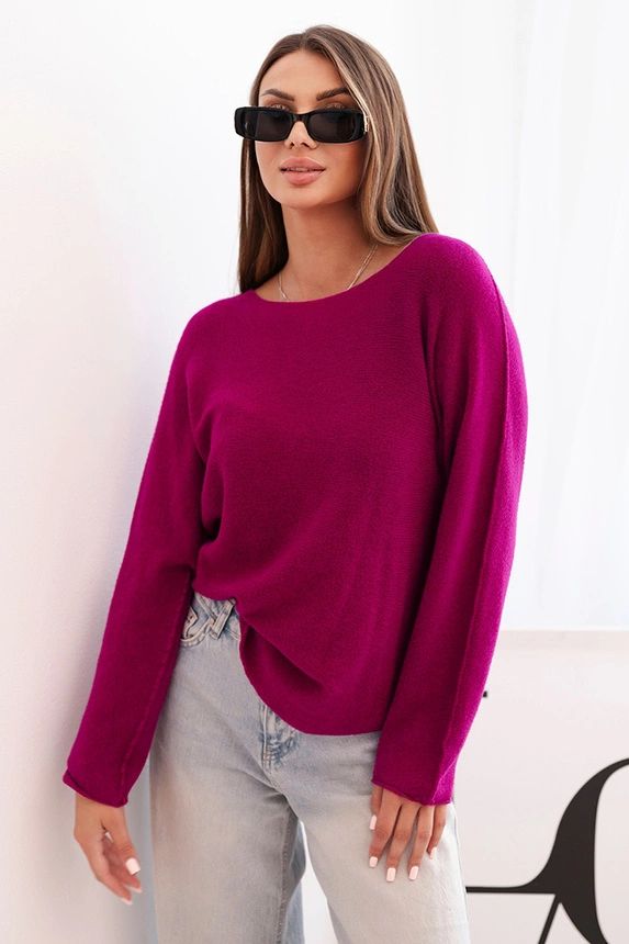 Sweterek damska z wiskozy z długim rękawem i okrągłym dekoltem ciemny fioletowy
