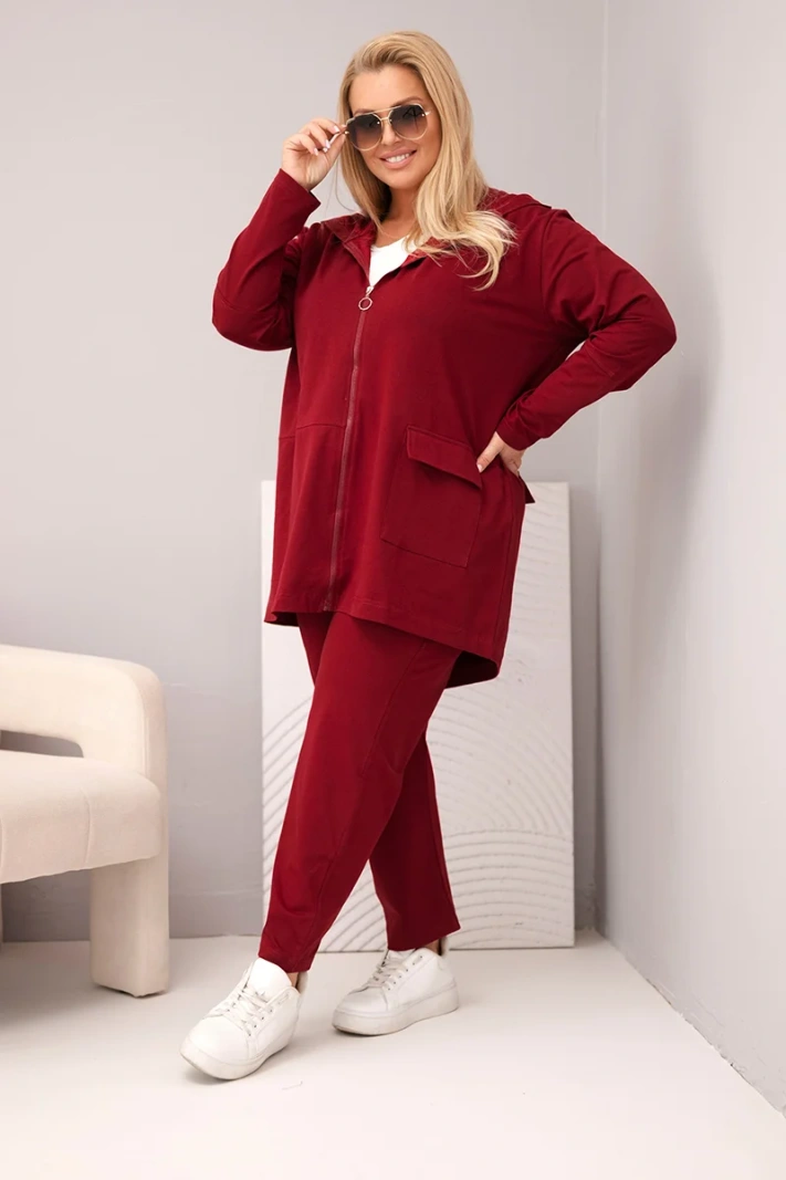 Moteriškas medvilninis Plus Size komplektas su džemperiu ir kelnėmis bordo