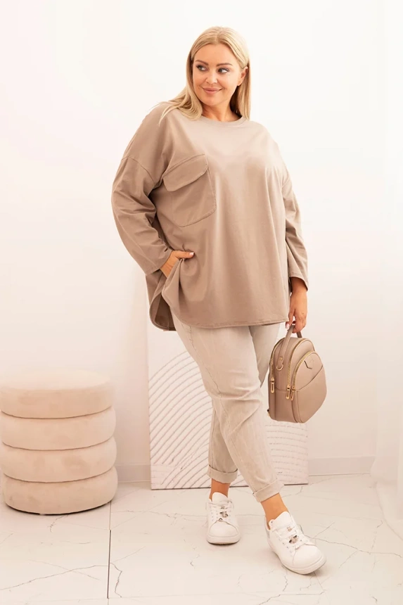 Moteriška Plus Size marškinėliai su medvilne, su kišene ir sukabintomis rankovėmis fango