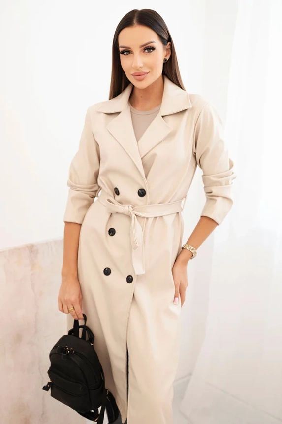 Damen-Trenchcoat aus Kunstleder mit Gürtel und Kragen beige