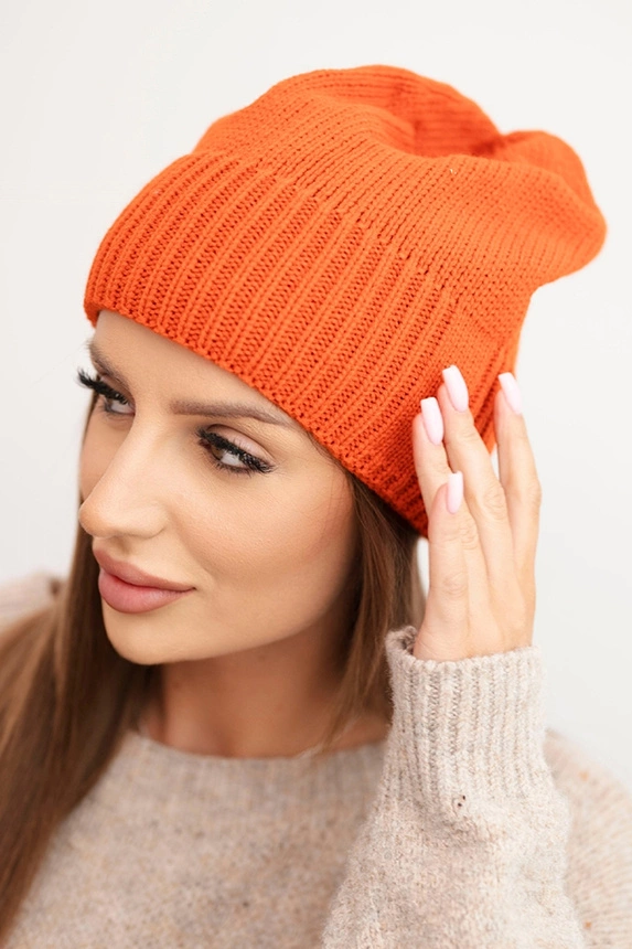 Women's winter hat made of wool with a classic ribbed knit K444 orange