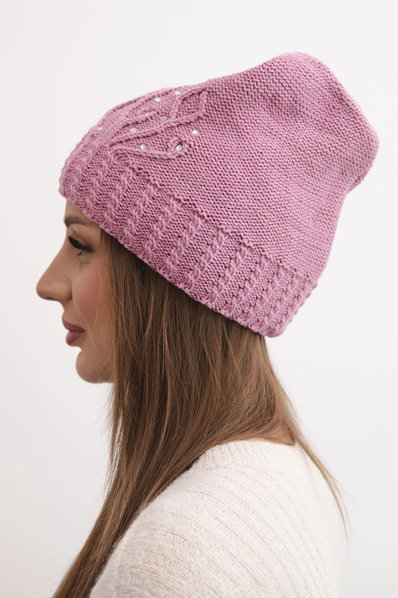 Women's winter hat made of wool adorned with sequins and braid K473 dark pink