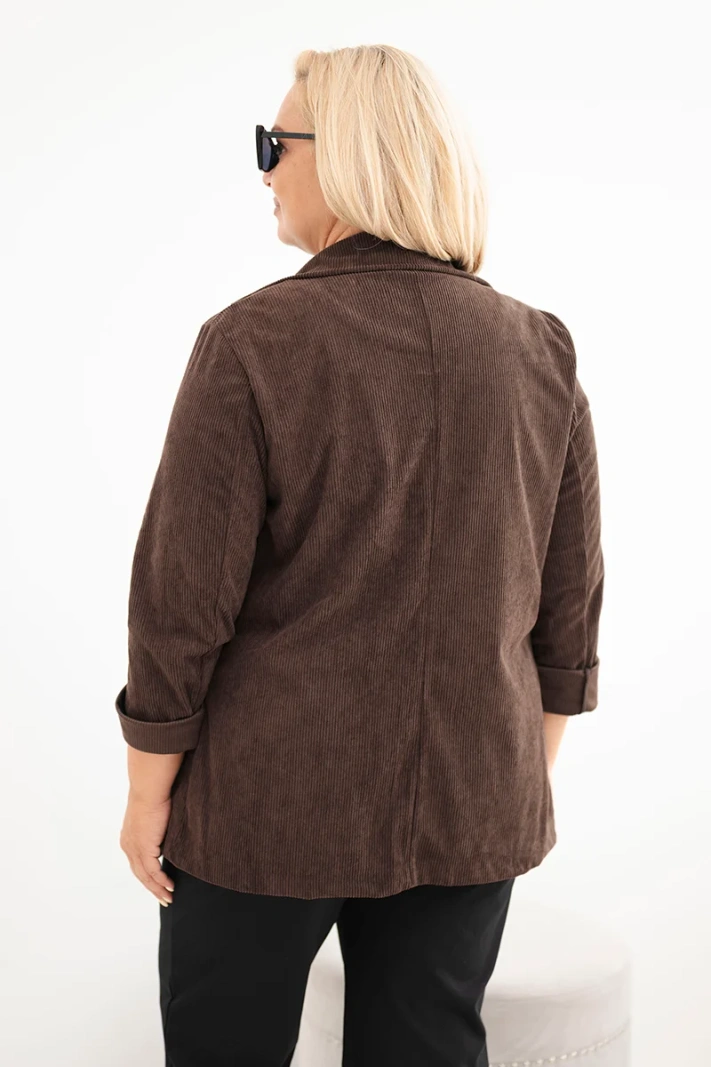 Plus Size women's corduroy blazer with lapels and pockets brown