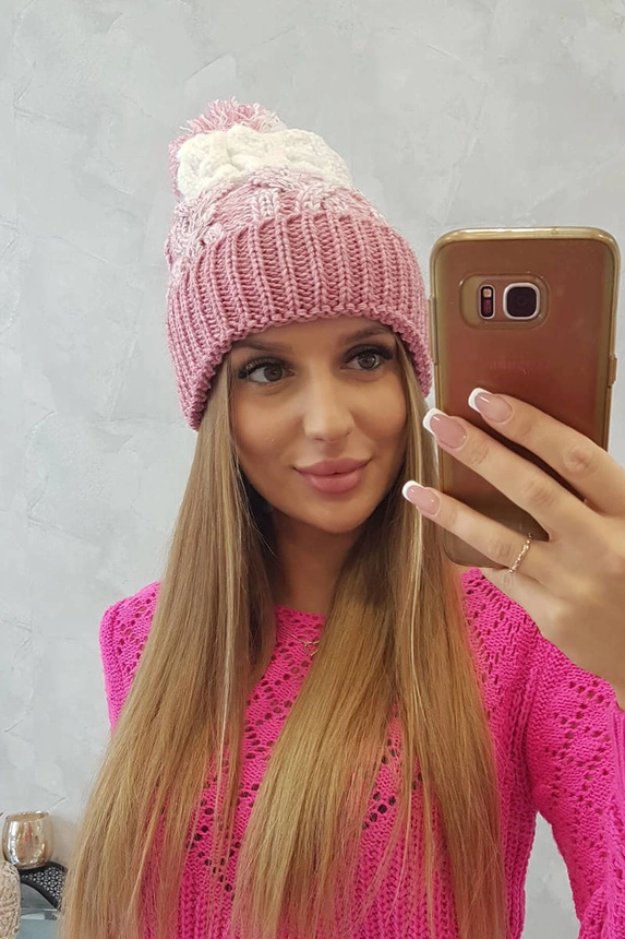 Dámská čepice s bambulí Abigail K326 powder pink+ecru