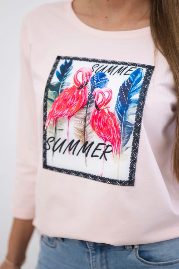 Bluse mit 3D-Flamingo-Grafik puderrosa