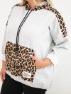Plus Size women's viscose hoodie with leopard print inserts gray
