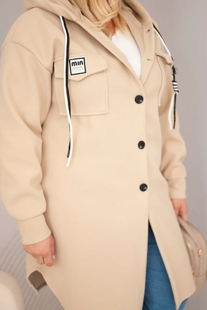 Women's plus-size hooded coat with button fastening dark beige