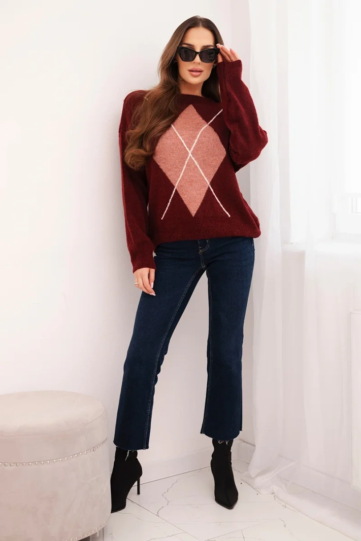Damenpullover mit geometrischem Muster aus Wolle und Alpaka bordeauxrot