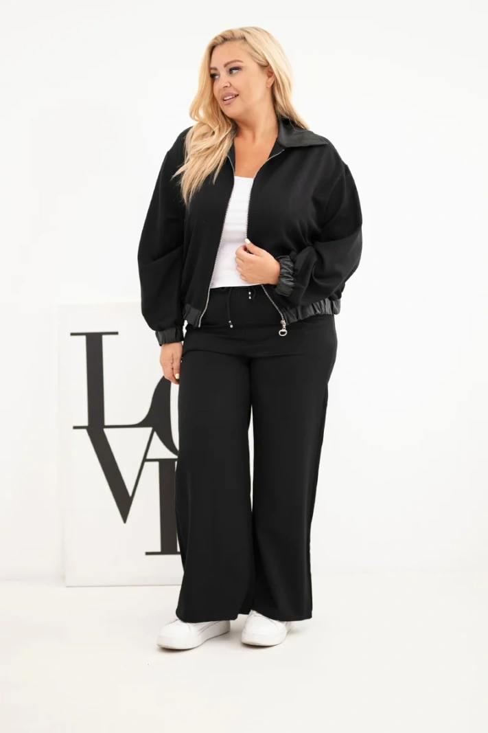 Komplet damski Plus Size z bluzą na zamek i szerokimi spodniami czarny