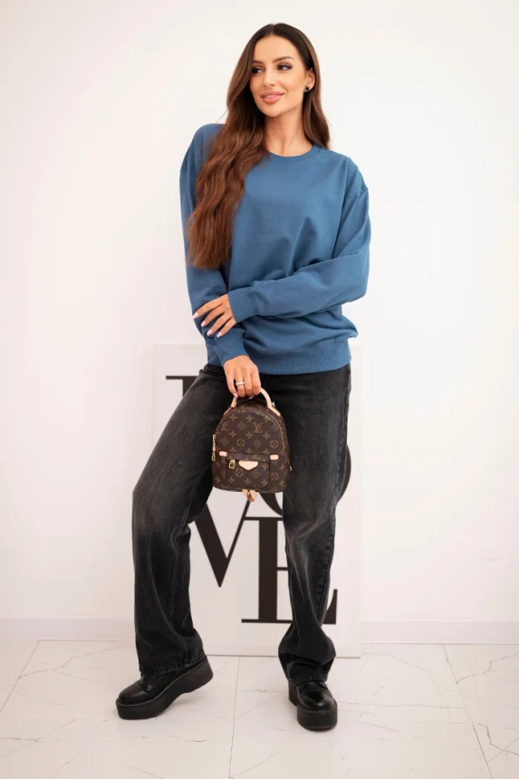 Bluza damska pętelkowa bawełniana basic z okrągłym dekoltem jeansowa