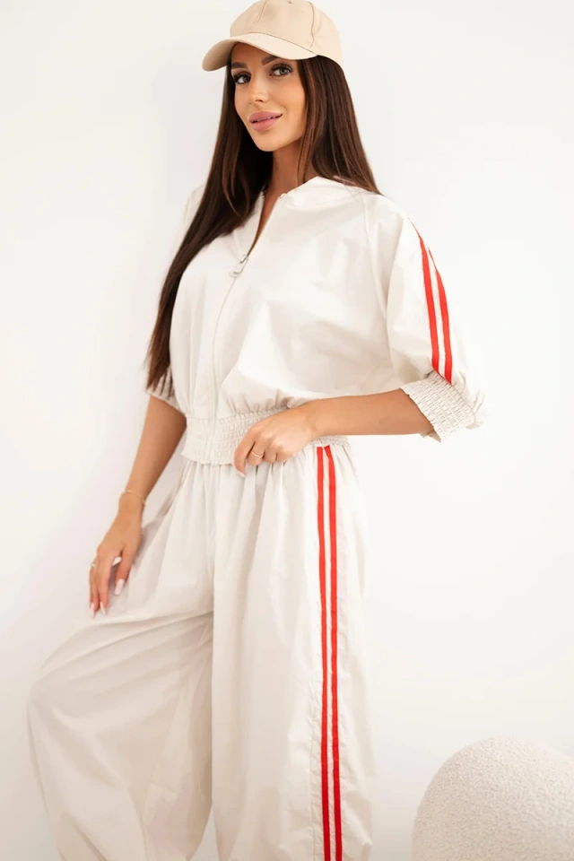 Women's cotton set with sweatshirt and pants with side stripe beige