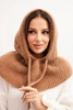 Women's hooded cap with ties and braid weave dark camel