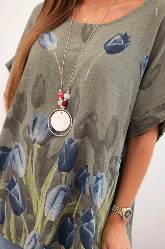 Damenhemd aus Baumwolle mit Blumenmuster khaki