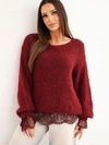 Damenpullover locker mit Wollanteil und Spitzenbluse bordeaux