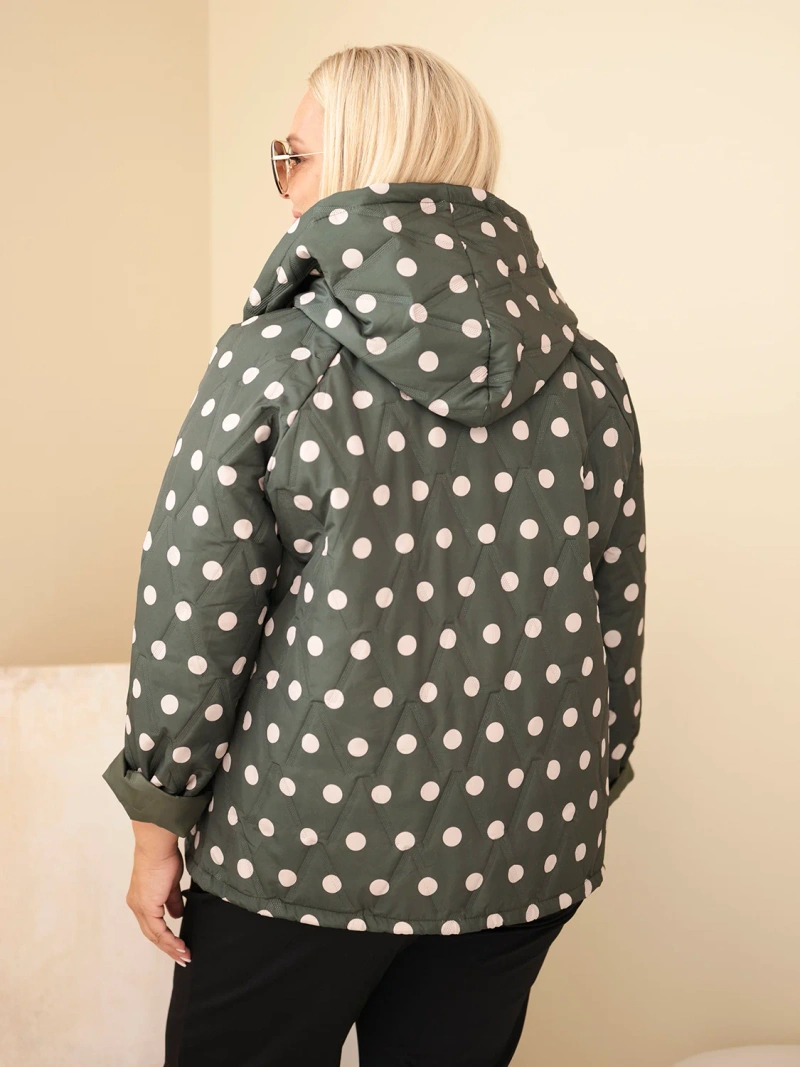 Dámska bunda Plus Size s kapucňou a bodkami khaki