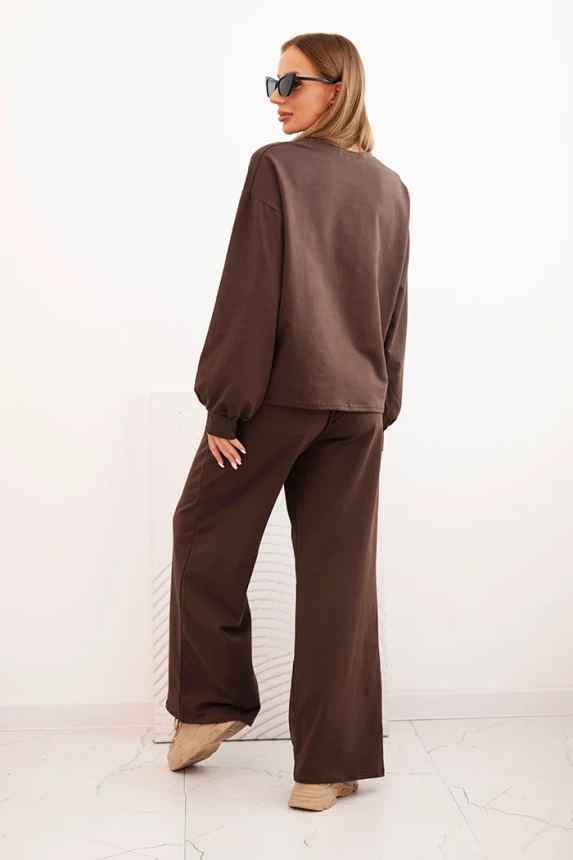 Damen Baumwollset mit weitem Bein und Langarmbluse braun