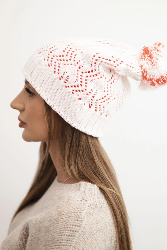 Women's winter hat with decorative knit and pom-pom K467 white + orange