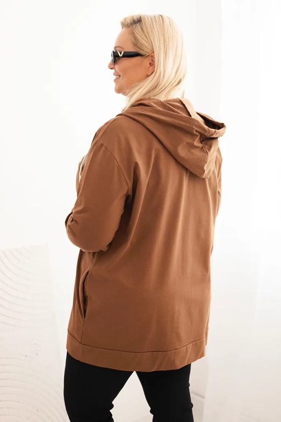 Bluza damska Plus Size bawełniana z kapturem i dużą literą H camelowa