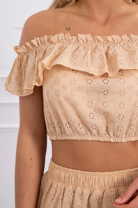 Besticktes Set mit Paillettenbluse beige