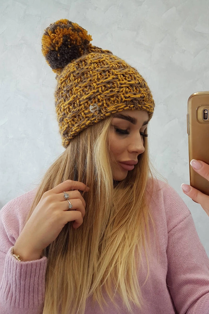 Fiona vilnonė kepurė K275 mustard+cappuccino