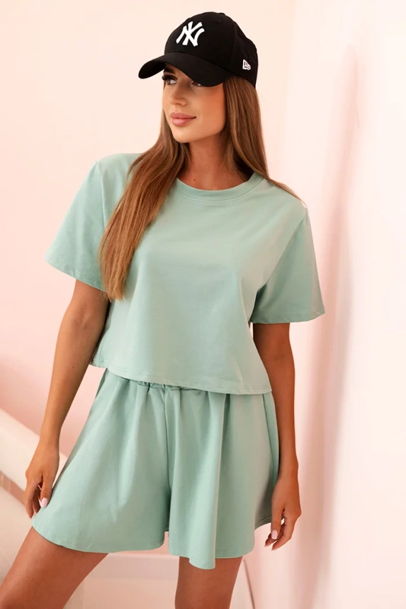 Women's cotton set with wide shorts dark mint