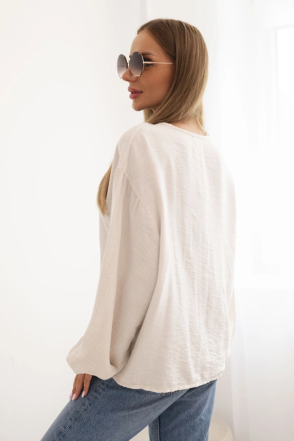 Women's blouse with viscose, gathered neckline and embellishment beige