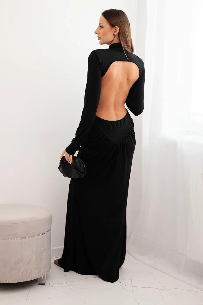Women's long dress with viscose, turtleneck and open back black