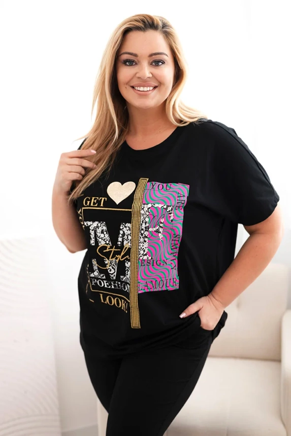 Women's cotton Plus Size blouse with print and sequins black + pink
