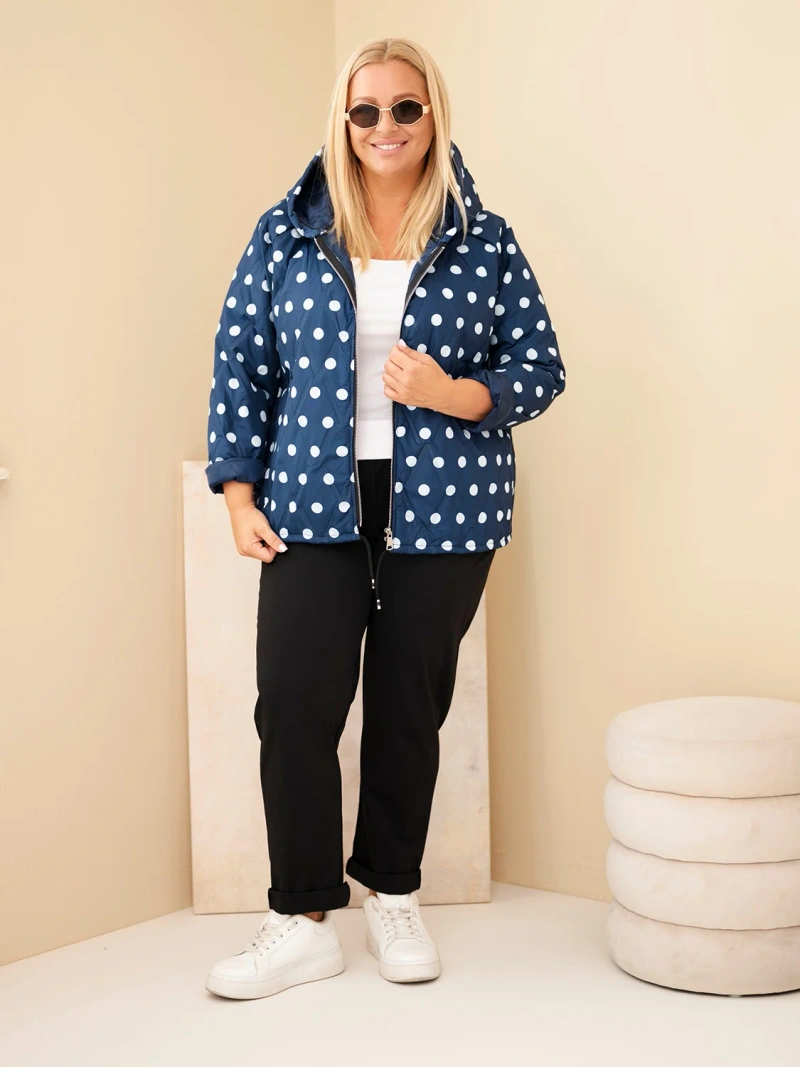 Plus Size women's jacket with polka dots and a hood navy